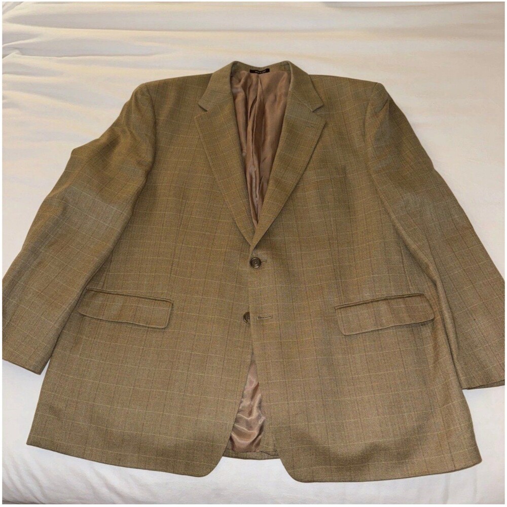 Lauren Ralph Lauren Mens Blazer Jacket Size 48R SILK Wool Plaid Beige Tan Coat